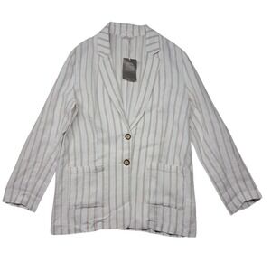 New Garnet Hill Washed Linen Blazer Women's Medium Cream Tan Striped Coastal